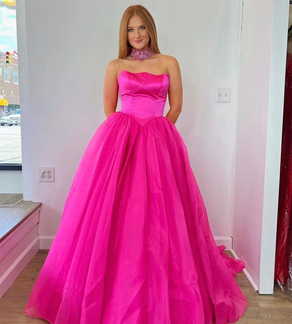 Vestidos de noche de graduación Línea A Sin tirantes Satén Tul Cola larga Cremallera