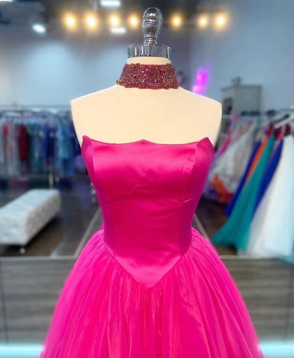 Vestidos de noche de graduación Línea A Sin tirantes Satén Tul Cola larga Cremallera