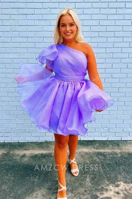 Amzcw Elegant Purple A-line One shoulder Tulle Ruffle Homecoming Dress formal wear dresses