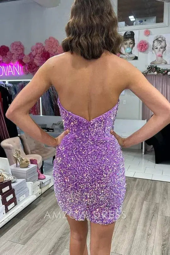 Amzcw Elegant Purple Sweetheart Homecoming Dresses Sequined Mini Party Gown formal wear dresses