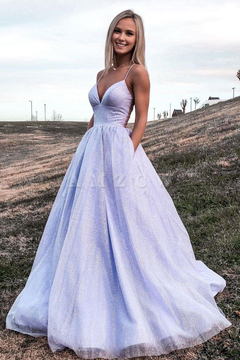 Amzcw Purple v neck tulle sequin long prom dress purple tulle formal dress formal wear dresses
