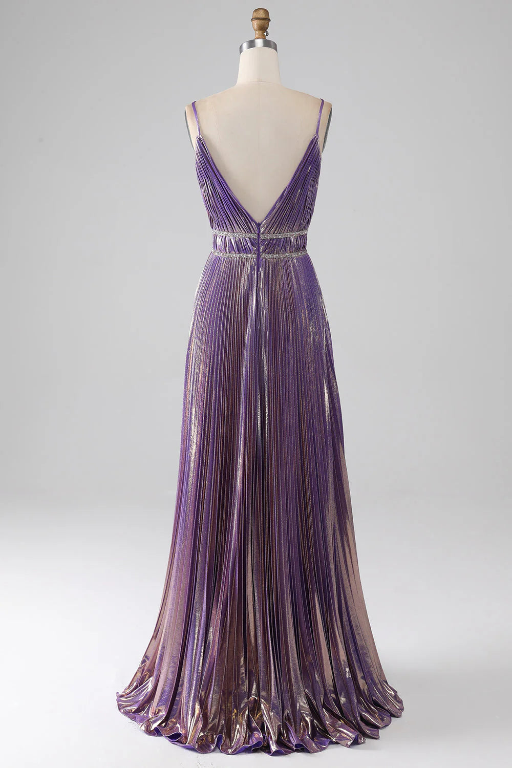 Amzcw Glitter Purple A-Line Spaghetti Straps V Neck Pleated Backless Prom Dress prom dresses shops