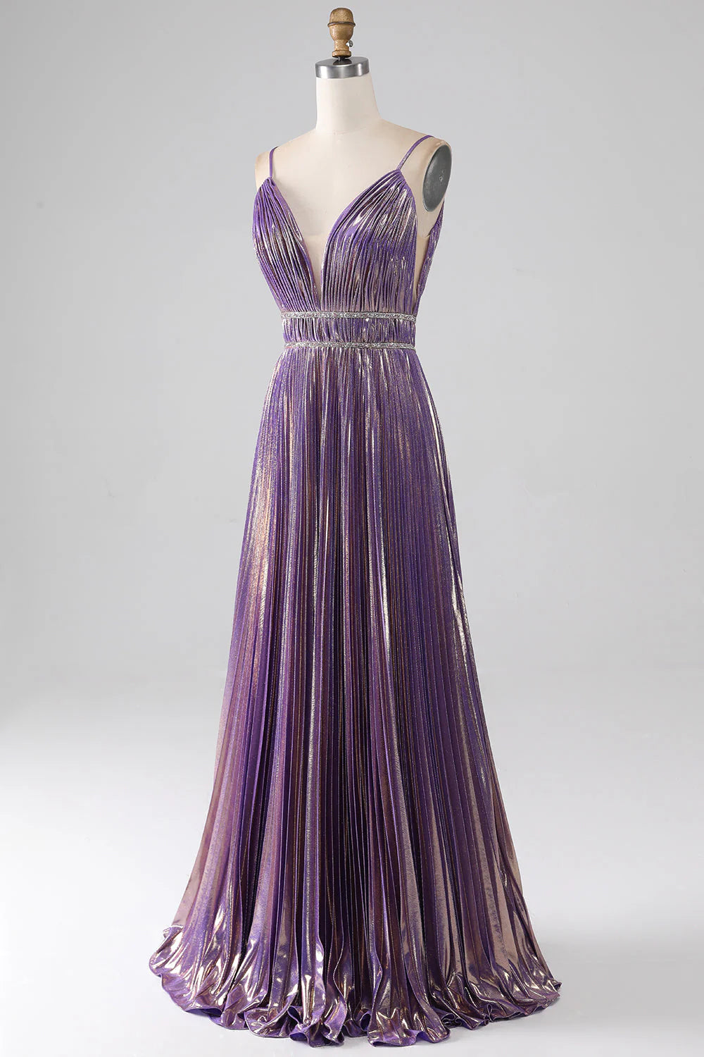 Amzcw Glitter Purple A-Line Spaghetti Straps V Neck Pleated Backless Prom Dress prom dresses shops