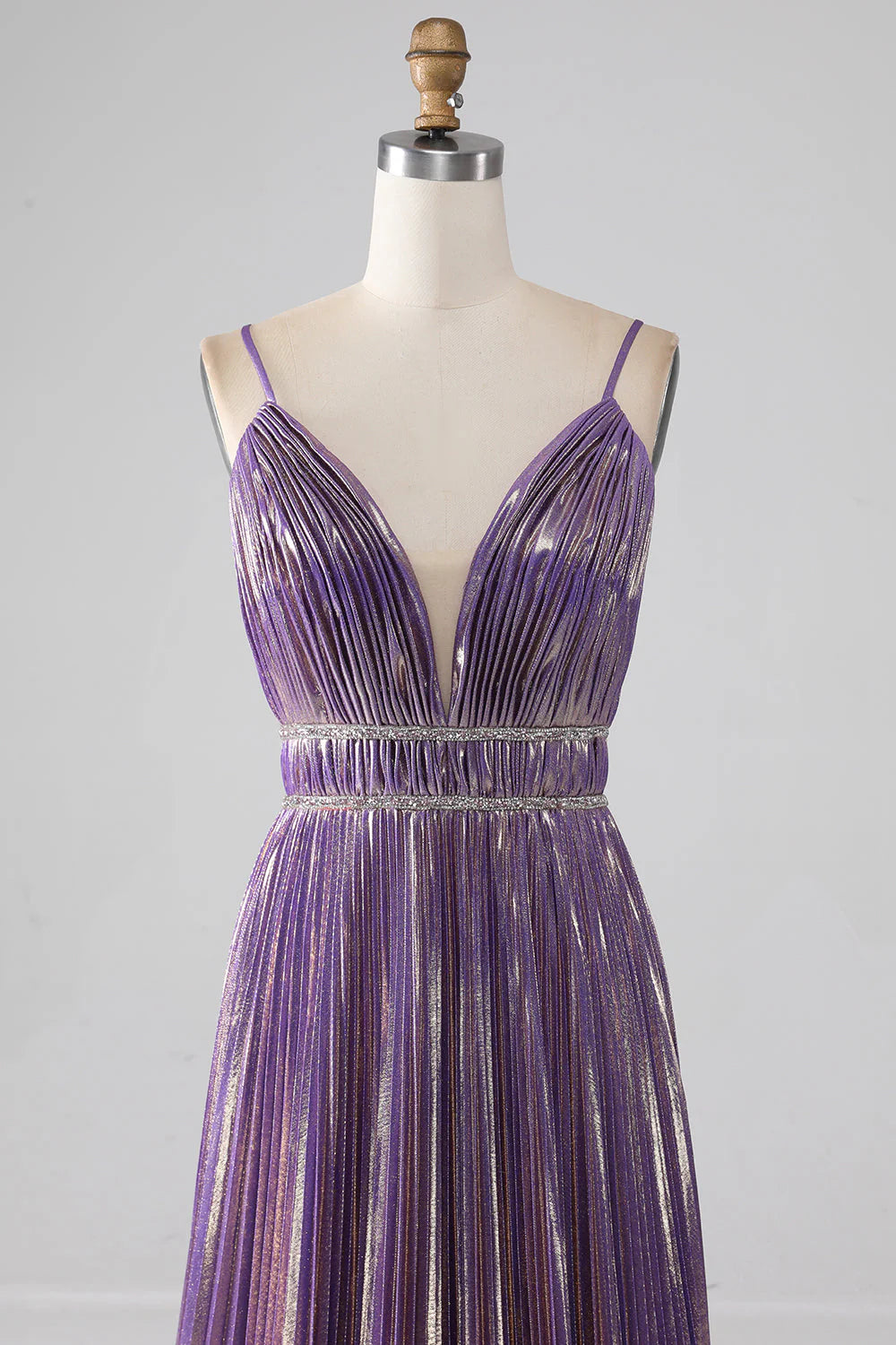 Amzcw Glitter Purple A-Line Spaghetti Straps V Neck Pleated Backless Prom Dress prom dresses shops