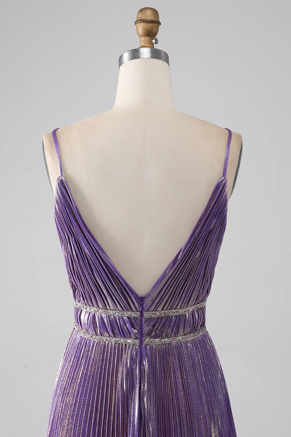 Amzcw Glitter Purple A-Line Spaghetti Straps V Neck Pleated Backless Prom Dress prom dresses shops