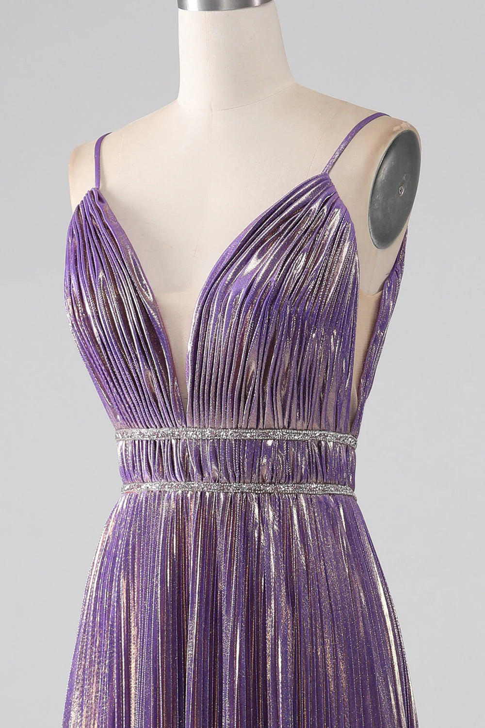 Amzcw Glitter Purple A-Line Spaghetti Straps V Neck Pleated Backless Prom Dress prom dresses shops