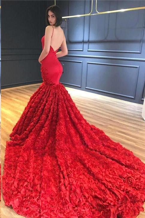 Vestidos de fiesta de sirena con tirantes finos, escote en V, corte trompeta, rosa, encaje, vestidos de noche