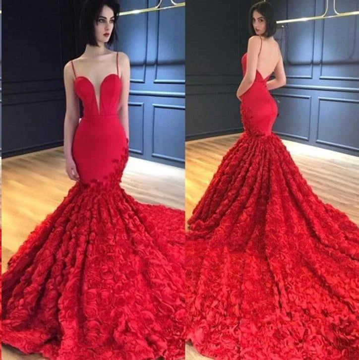 Vestidos de fiesta de sirena con tirantes finos, escote en V, corte trompeta, rosa, encaje, vestidos de noche