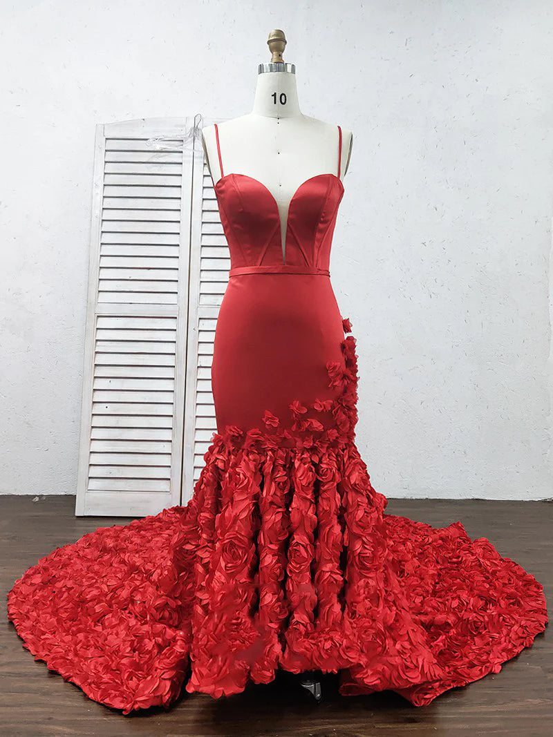 Vestidos de fiesta de sirena con tirantes finos, escote en V, corte trompeta, rosa, encaje, vestidos de noche