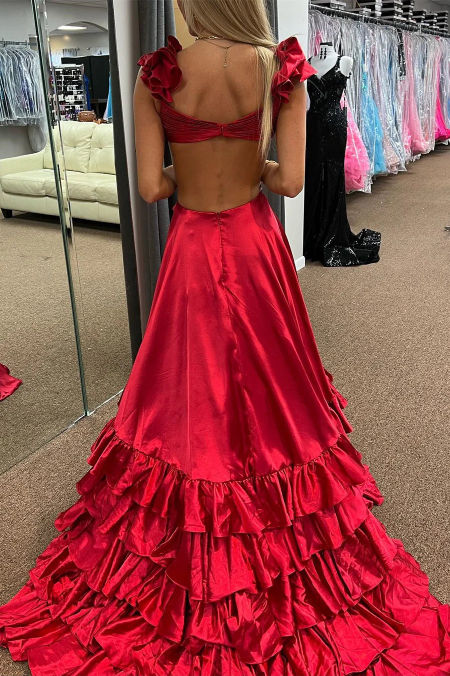 Amzcw Red Cutout Ruffle A-Line Long Prom Dress with Slit