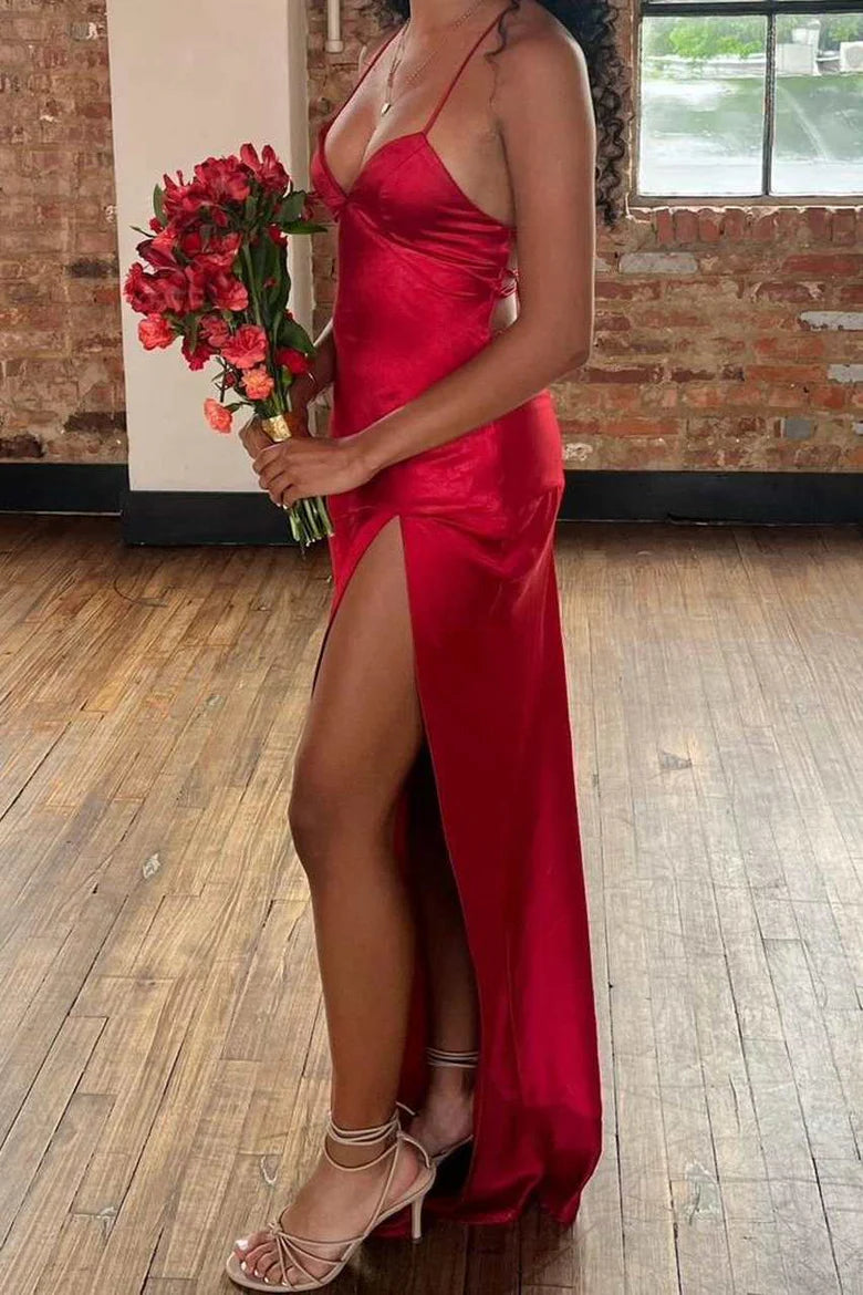 Amzcw Red Spaghetti Straps V-Neck Satin Long Prom Dress with Slit formal wear dresses