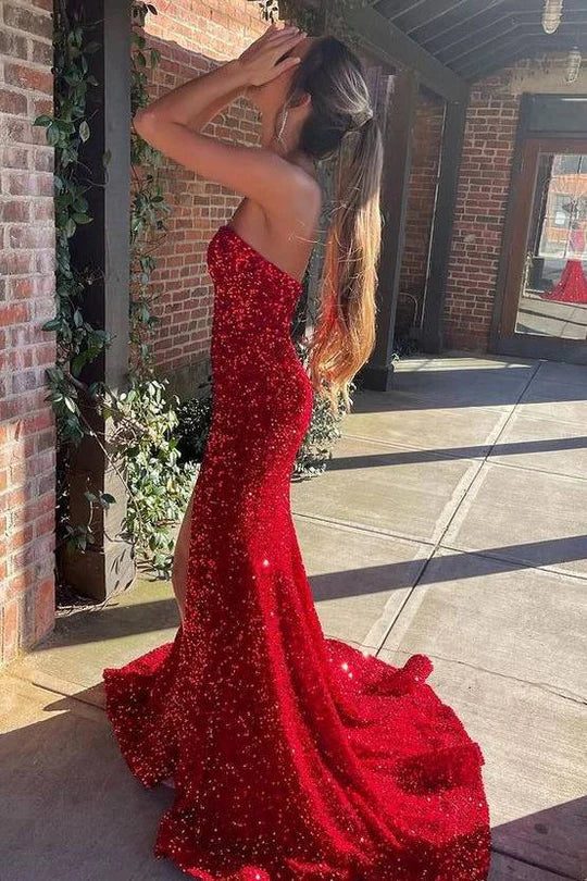 Amzcw Red Strapless Sequined Mermaid Side Slit Long Prom Dress with Train formal wear dresses
