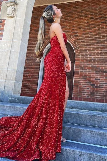 Amzcw Red Strapless Sequined Mermaid Side Slit Long Prom Dress with Train formal wear dresses