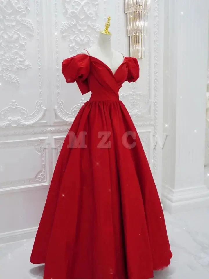 Vestido de fiesta largo de satén con escote en V rojo de Amzcw, vestido de noche rojo, vestidos formales