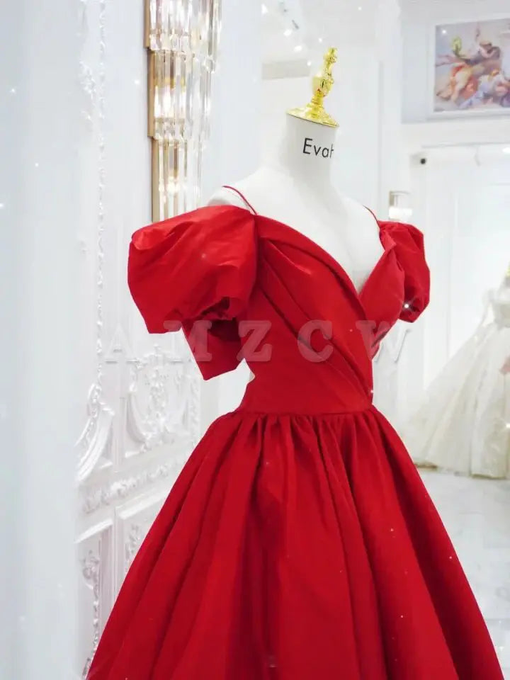 Vestido de fiesta largo de satén con escote en V rojo de Amzcw, vestido de noche rojo, vestidos formales