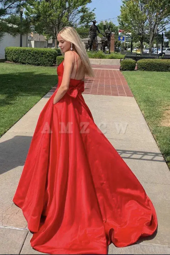 Amzcw Red v neck satin long prom dress red satin evening dress formal wear dresses