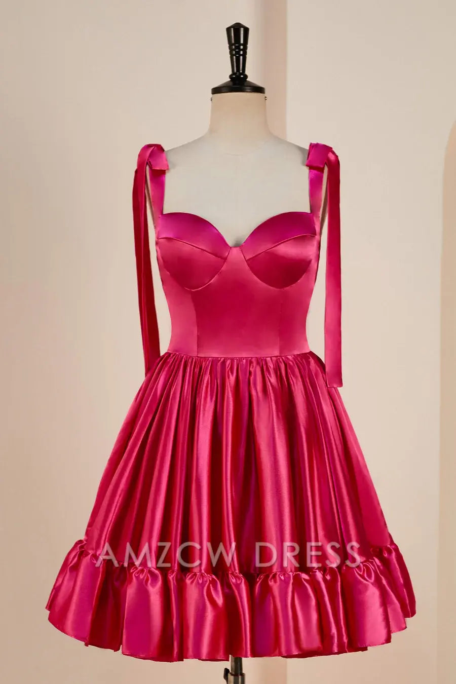 Amzcw Elegant Rose Pink A-line Bow Tie Straps Ruffled Satin Homecoming Dress formal wear dresses