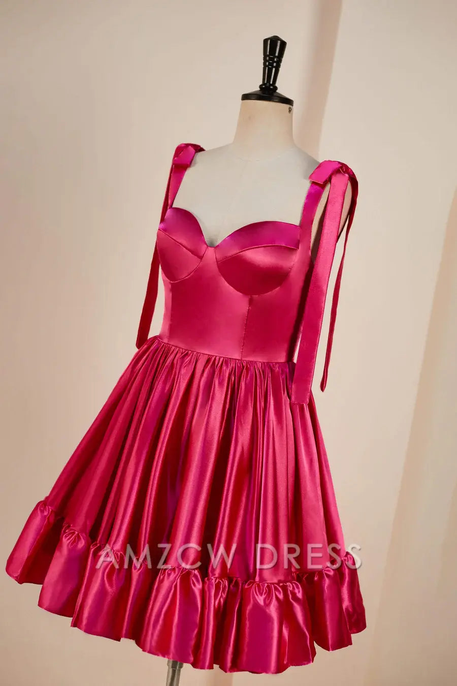 Amzcw Elegant Rose Pink A-line Bow Tie Straps Ruffled Satin Homecoming Dress formal wear dresses