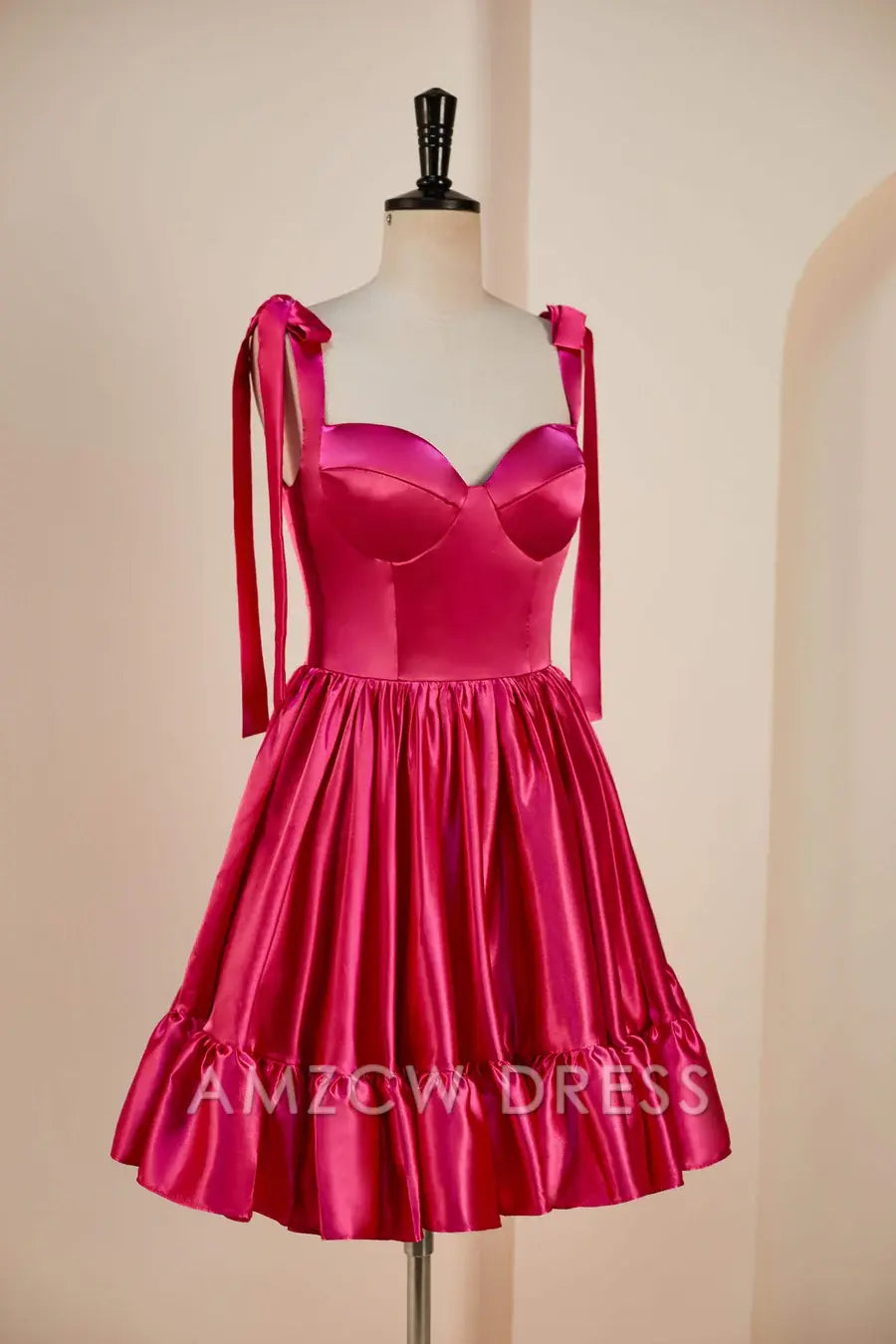 Amzcw Elegant Rose Pink A-line Bow Tie Straps Ruffled Satin Homecoming Dress formal wear dresses