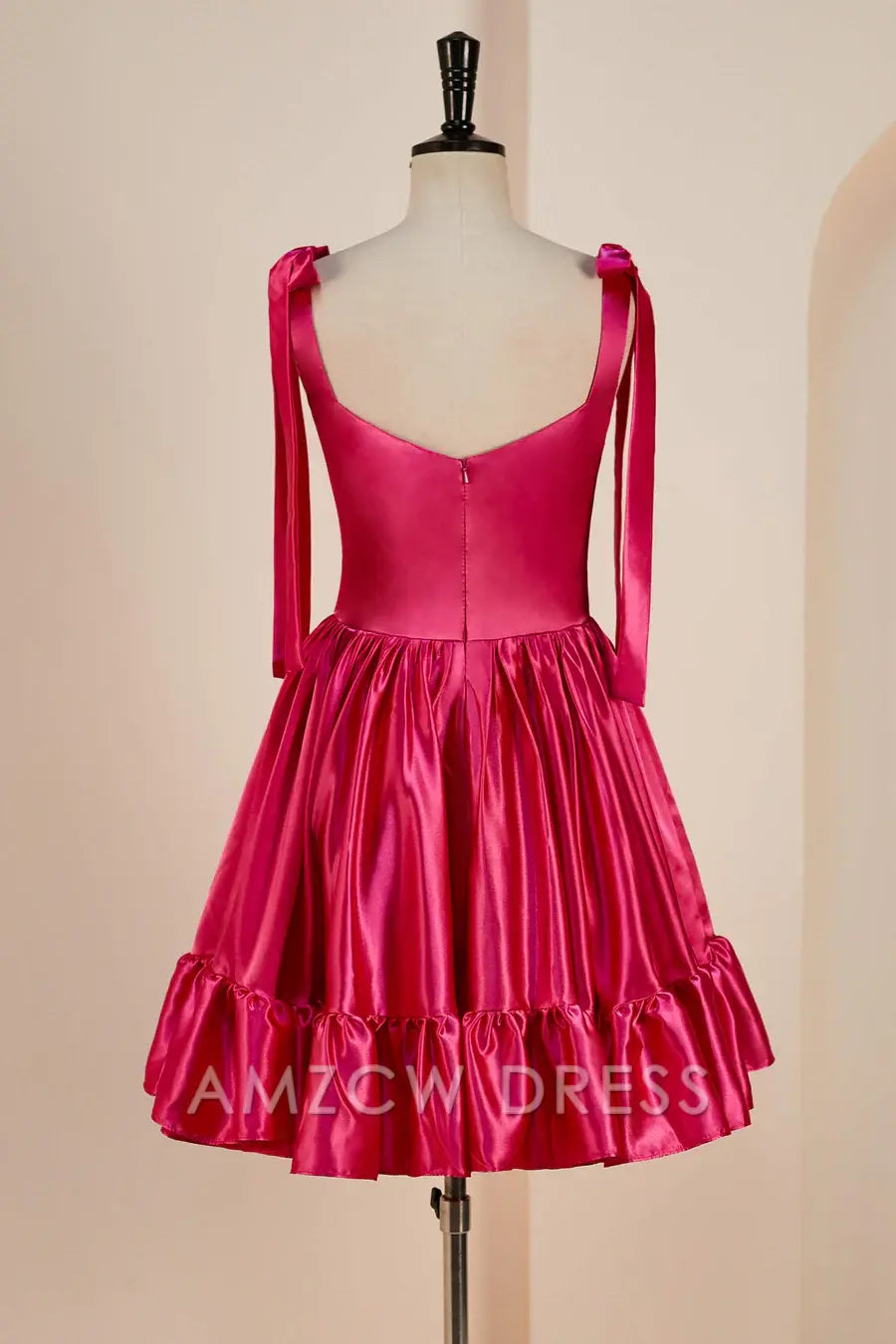 Amzcw Elegant Rose Pink A-line Bow Tie Straps Ruffled Satin Homecoming Dress formal wear dresses