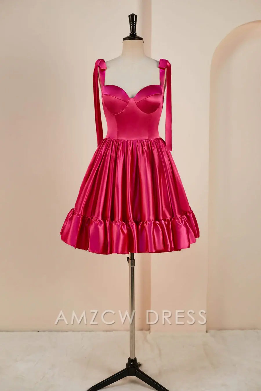 Amzcw Elegant Rose Pink A-line Bow Tie Straps Ruffled Satin Homecoming Dress formal wear dresses