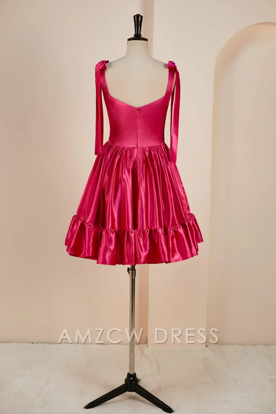 Amzcw Elegant Rose Pink A-line Bow Tie Straps Ruffled Satin Homecoming Dress formal wear dresses