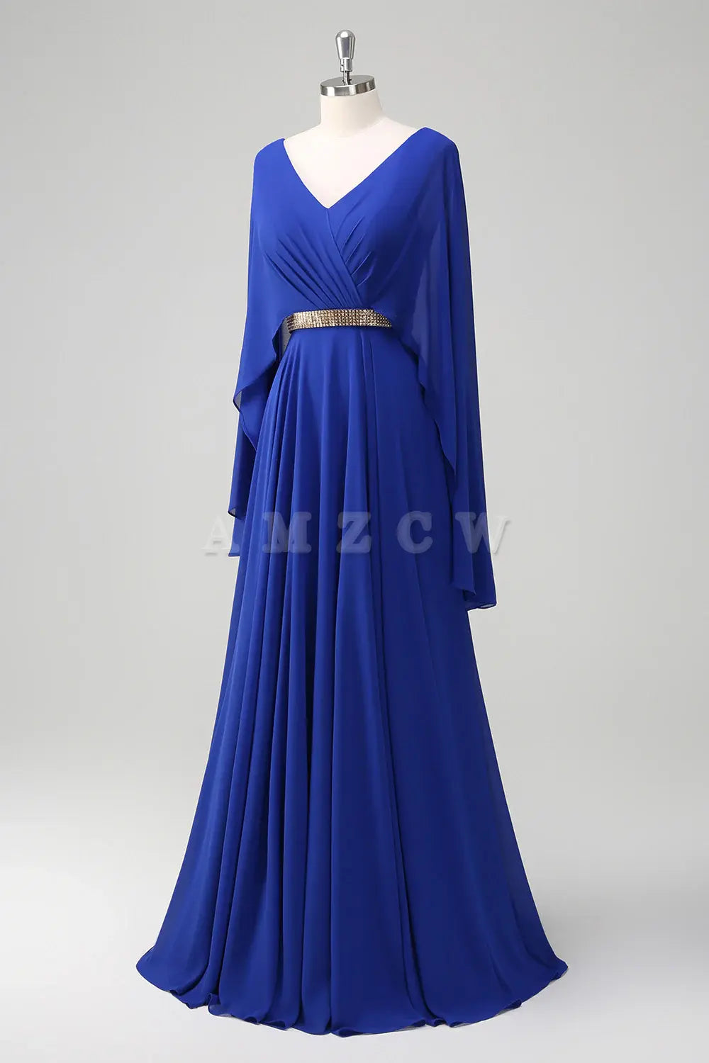 Amzcw Royal Blue A Line V-neck Chiffon Long Mother Dress with Belt gowns evening dresses