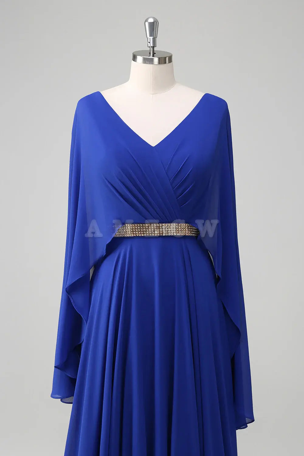 Amzcw Royal Blue A Line V-neck Chiffon Long Mother Dress with Belt gowns evening dresses