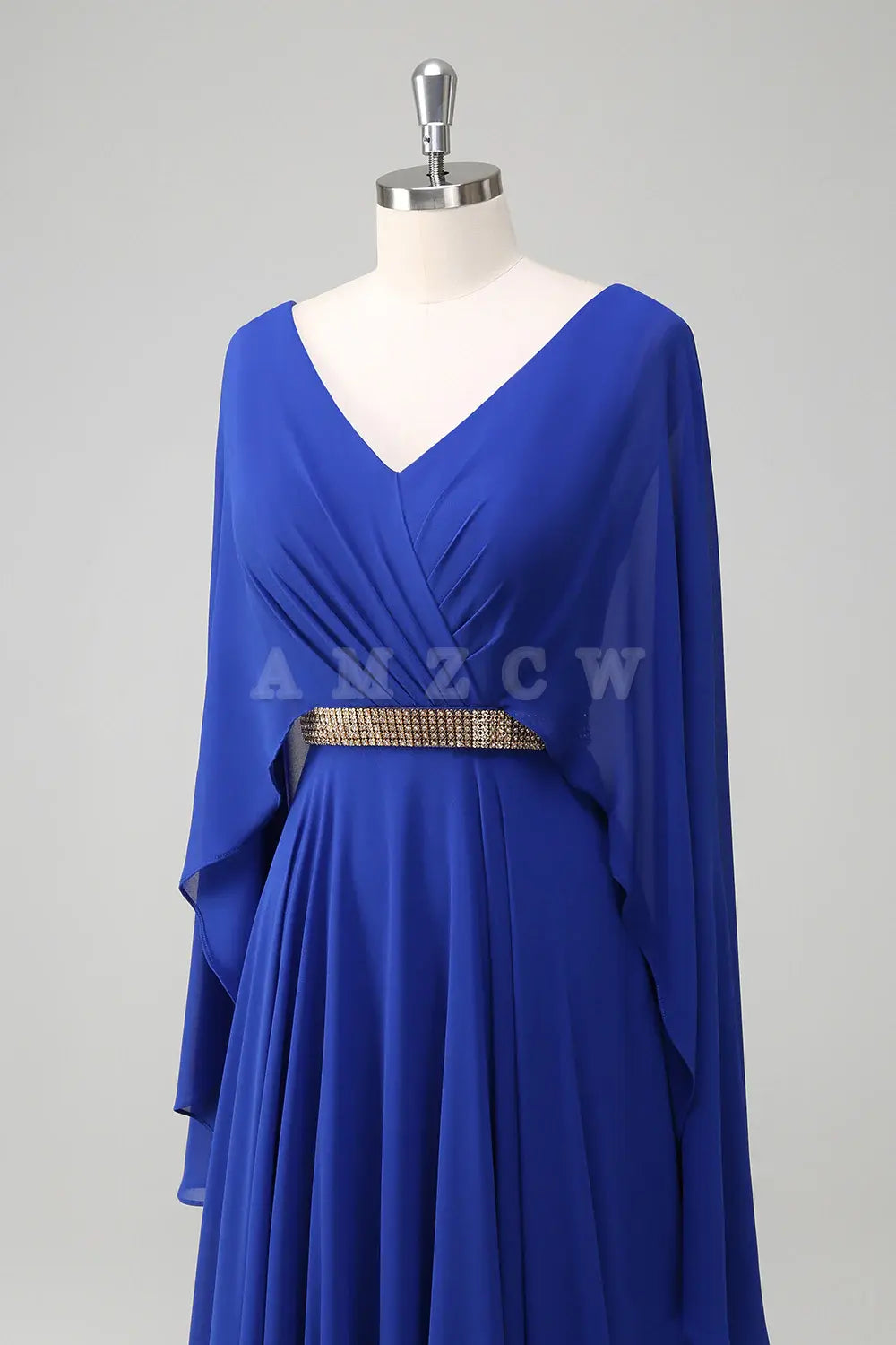 Amzcw Royal Blue A Line V-neck Chiffon Long Mother Dress with Belt gowns evening dresses