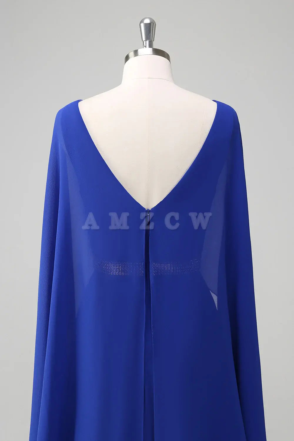 Amzcw Royal Blue A Line V-neck Chiffon Long Mother Dress with Belt gowns evening dresses
