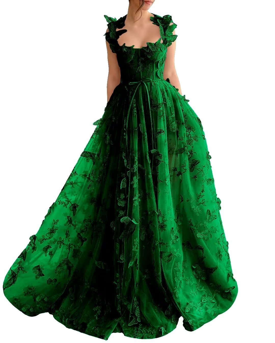 Vestido de fiesta elegante de corte A, formal, con cola larga y sin mangas, escote cuadrado, tul con pliegues, aberturas, apliques y mariposas 3D.