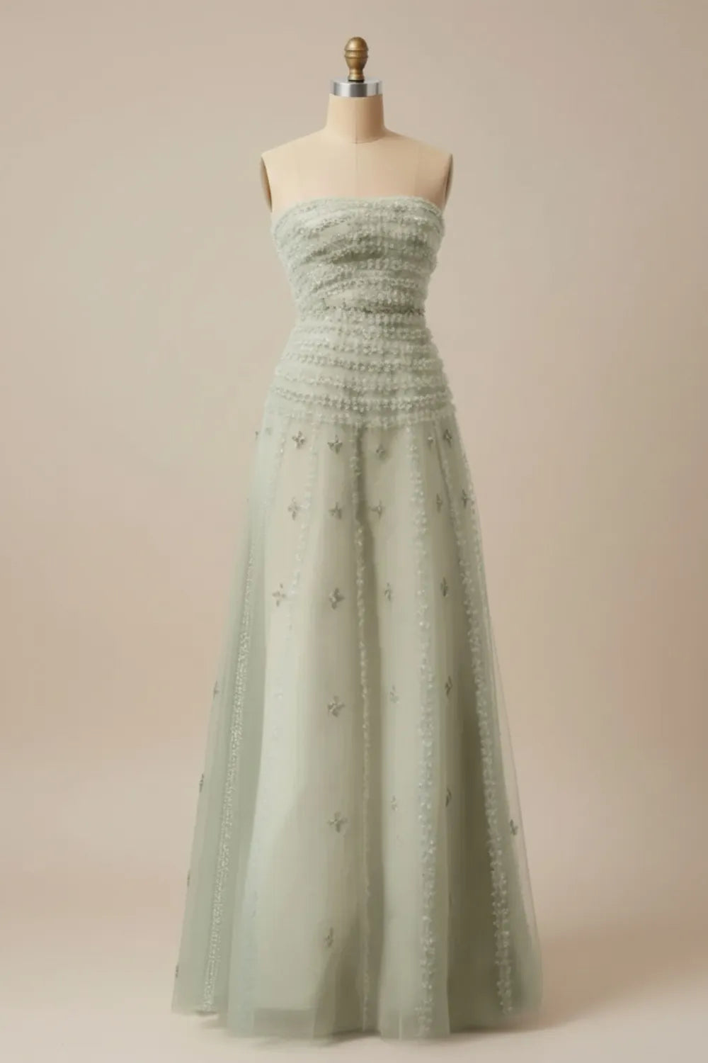 Sage Green Maxi Evening Dresses with Strapless Smocked Bodice Beaded Tiered Tulle Skirt and A-line Silhouette