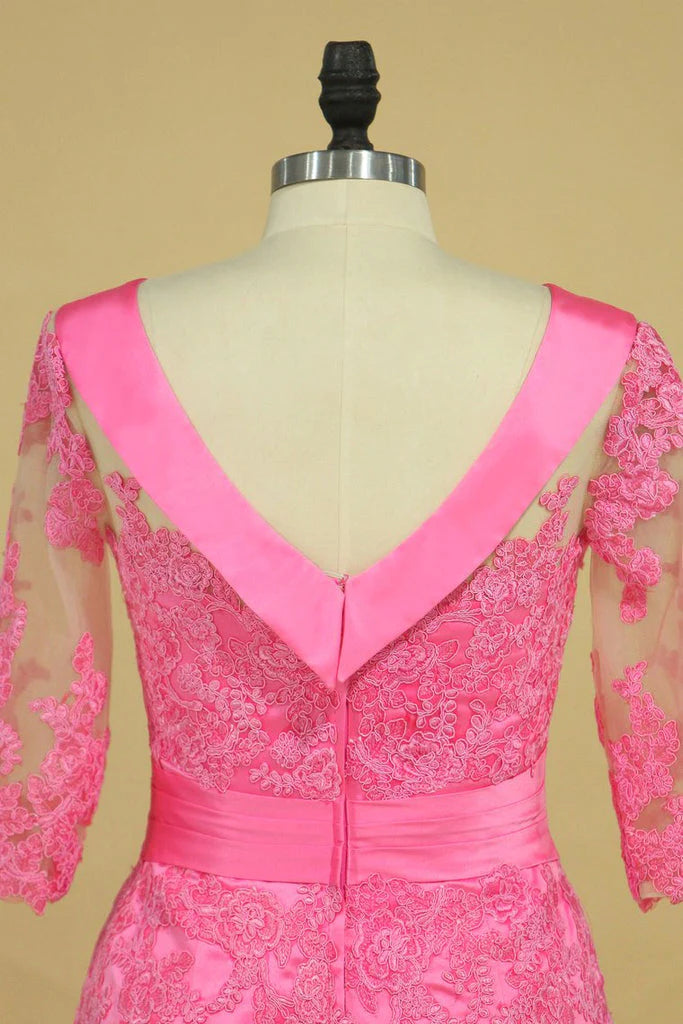 Vestidos de satén para madre de la novia, cuello vuelto, media manga con apliques