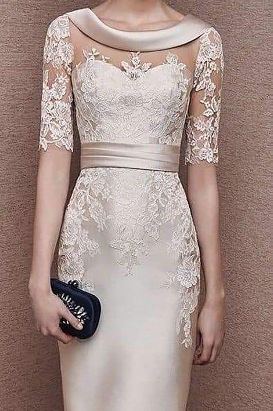 Vestidos de satén para madre de la novia, cuello vuelto, media manga con apliques