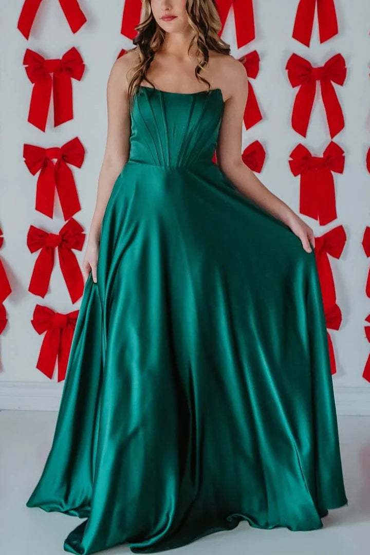 Amzcw Satin A-Line Scoop Empire-Waist Pleated Sleeveless Prom Dress formal wear dresses