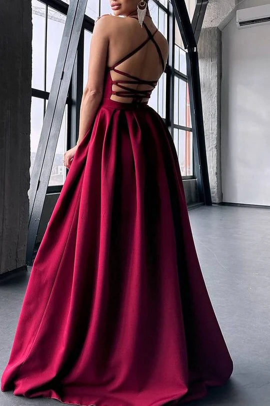 Amzcw Satin Spaghetti Straps A-Line Scoop Pleated Formal Prom Dress with Slit formal wear dresses