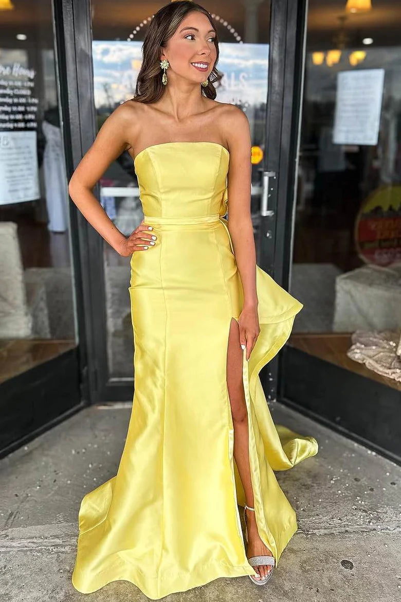 Amzcw Satin Yellow Strapless Scoop Big Bow Mermaid Prom Dress with Slit formal wear dresses