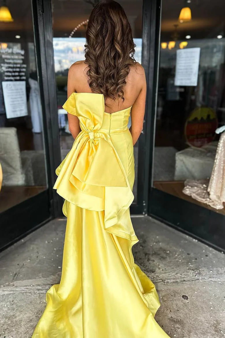 Amzcw Satin Yellow Strapless Scoop Big Bow Mermaid Prom Dress with Slit formal wear dresses