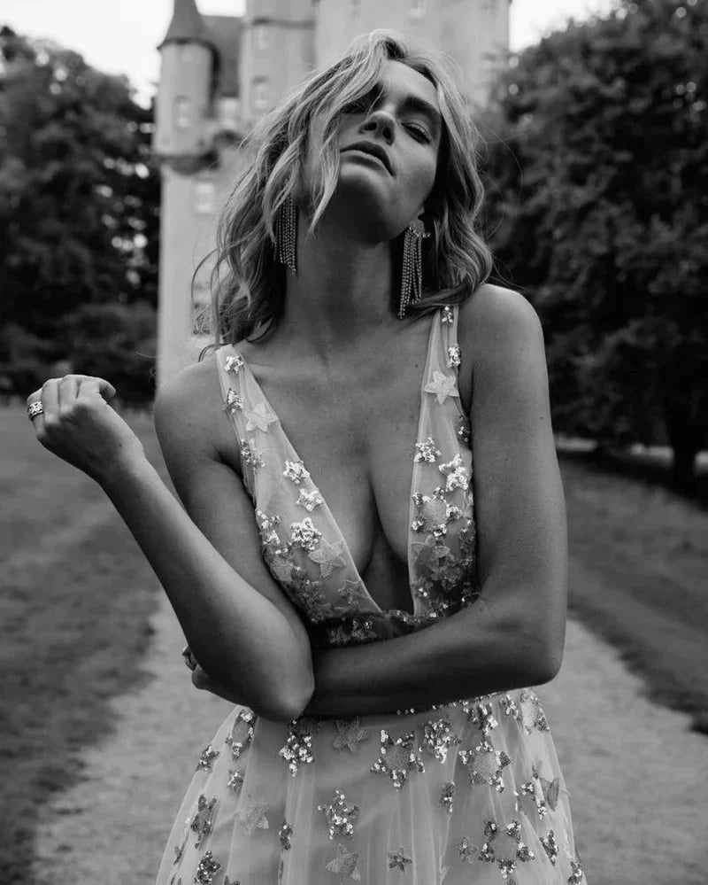 Sequin Star Tulle Prom Dresses V Neck Long Princess Ball Gown Evening Dress