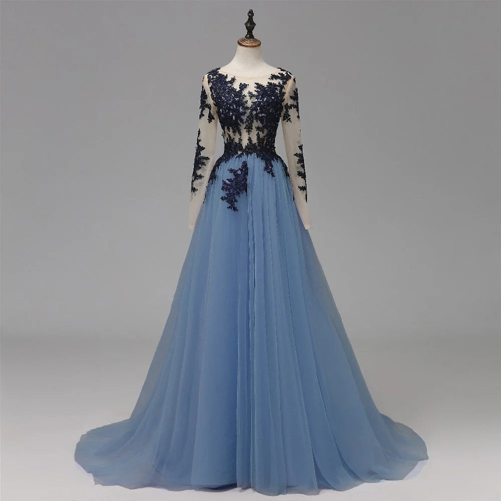 Vestidos de fiesta largos con corte A, encaje azul transparente, manga larga, espalda abierta y apliques
