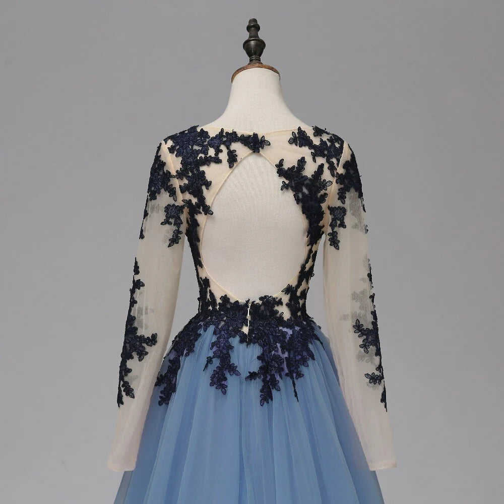 Vestidos de fiesta largos con corte A, encaje azul transparente, manga larga, espalda abierta y apliques