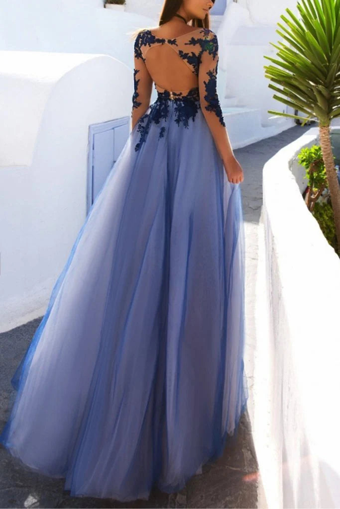 Vestidos de fiesta largos con corte A, encaje azul transparente, manga larga, espalda abierta y apliques