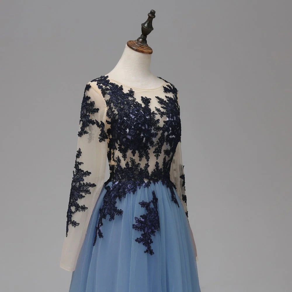 Vestidos de fiesta largos con corte A, encaje azul transparente, manga larga, espalda abierta y apliques