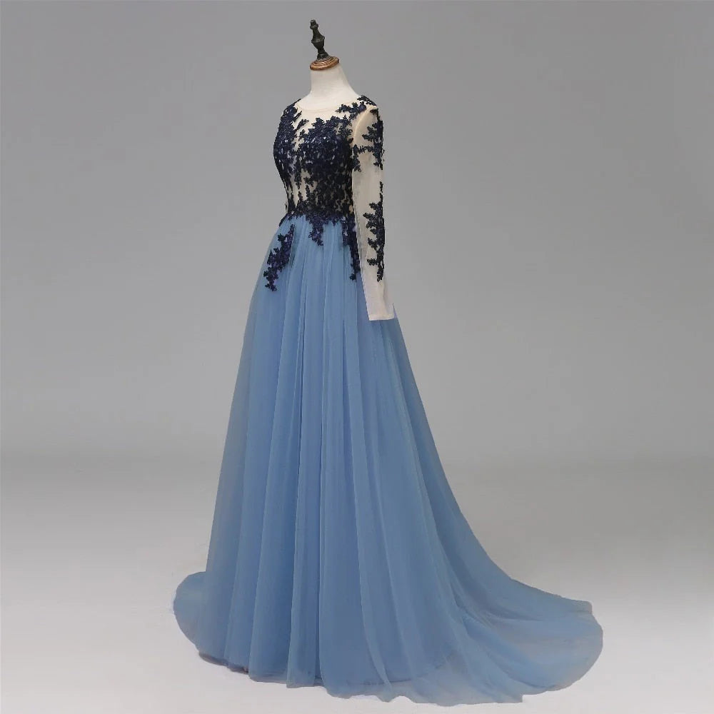 Vestidos de fiesta largos con corte A, encaje azul transparente, manga larga, espalda abierta y apliques