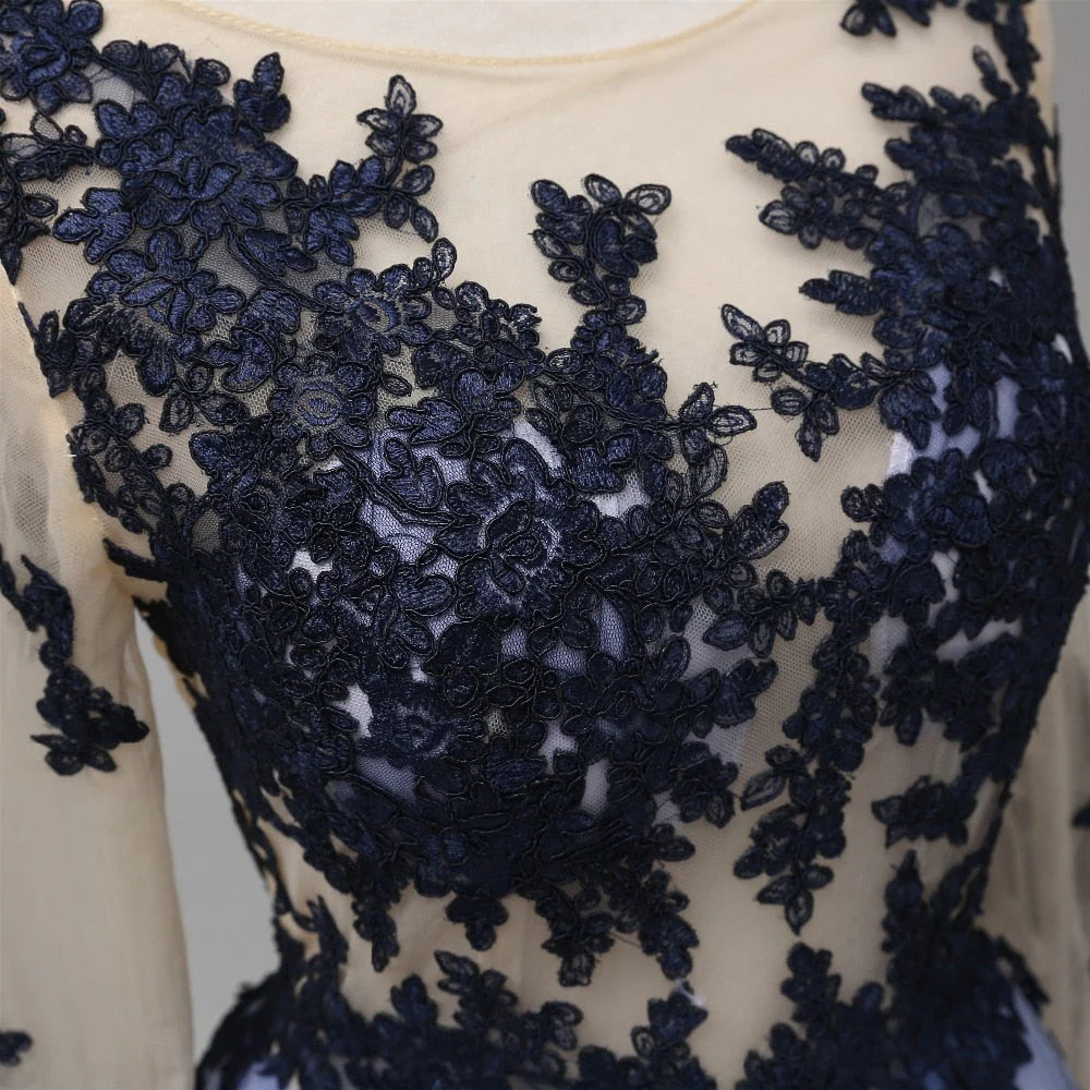 Vestidos de fiesta largos con corte A, encaje azul transparente, manga larga, espalda abierta y apliques