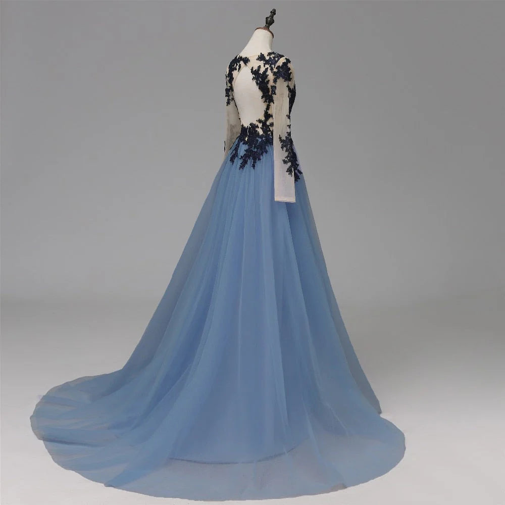 Vestidos de fiesta largos con corte A, encaje azul transparente, manga larga, espalda abierta y apliques