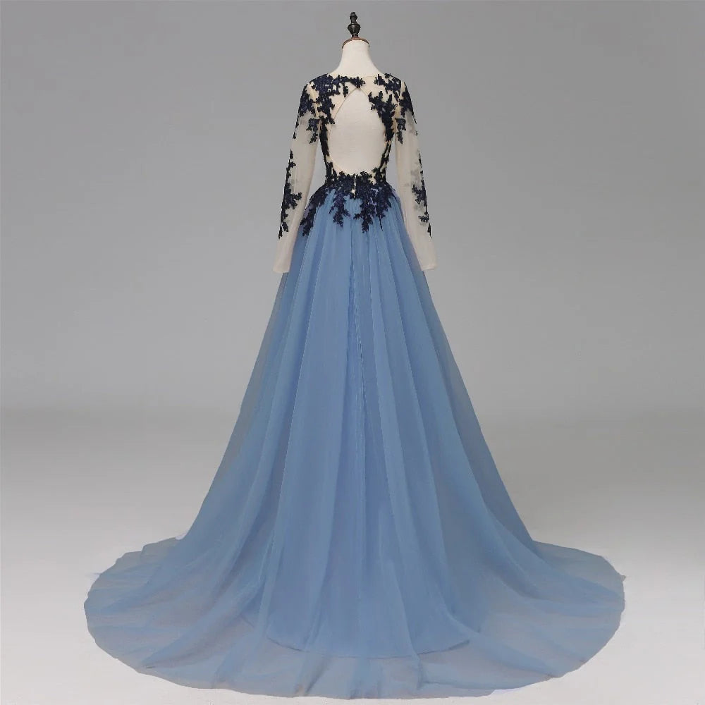 Vestidos de fiesta largos con corte A, encaje azul transparente, manga larga, espalda abierta y apliques