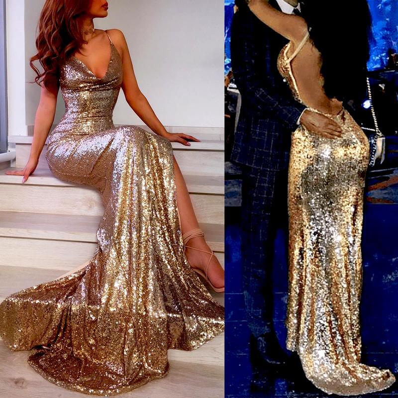 Vestidos de fiesta de sirena con tirantes finos, abertura lateral y espalda descubierta.
