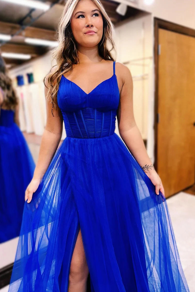 Vestidos de noche de fiesta sexys con espalda abierta y tirantes finos en forma de A de tul con abertura