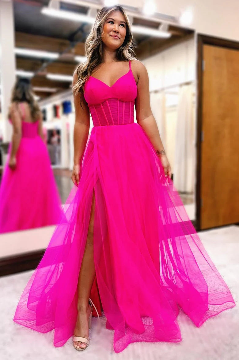 Vestidos de noche de fiesta sexys con espalda abierta y tirantes finos en forma de A de tul con abertura